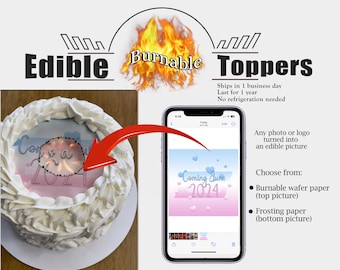 Print your photo onto edible burnaway wafer paper or sugar paper.  Pictures for round shaped cakes.  Graduations, weddings, birthday images