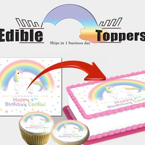 Custom pastel Unicorn and Rainbows Birthday edible toppers. For sheet and round cakes, cupcakes, cookies. Picture is Sugar frosting paper