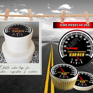 Custom Speedometer edible cake, Cupcake or Oreo Cookie toppers.  Frosting sugar paper circles disk 16 birthday biker motorcycle