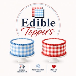 Edible image Red or blue Gingham checkered pattern for cakes. These picnic strips wrap around cakes and are printed on frosting sugar paper
