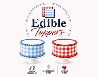 Edible image Red or blue Gingham checkered pattern for cakes. These picnic strips wrap around cakes and are printed on frosting sugar paper