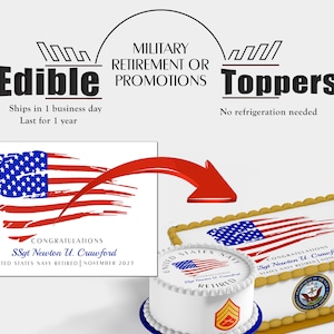 Custom Edible Military officer retirement or promotion cake topper.  American flag, boot camp ,basic training edible image Frosting paper
