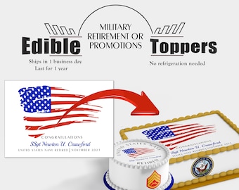 Custom Edible Military officer retirement or promotion cake topper.  American flag, boot camp ,basic training edible image Frosting paper