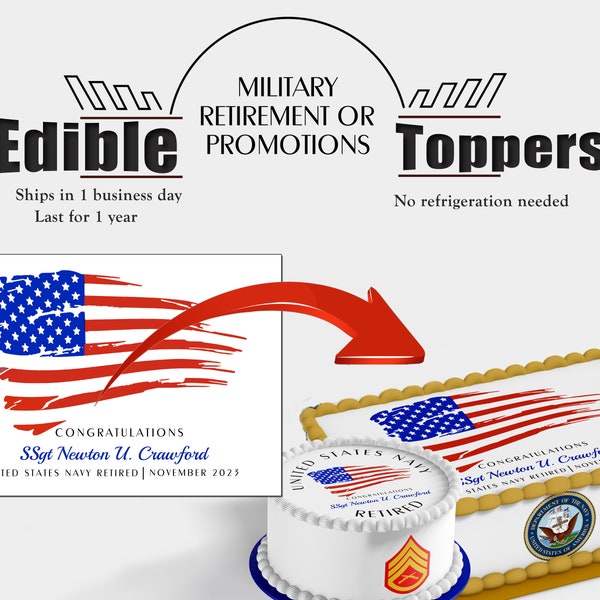 Custom Edible Military officer retirement or promotion cake topper.  American flag, boot camp ,basic training edible image Frosting paper