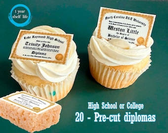 20 gold Custom High School diplomas or College university degrees. Edible sugar frosting paper for cupcake toppers 2026 certificate
