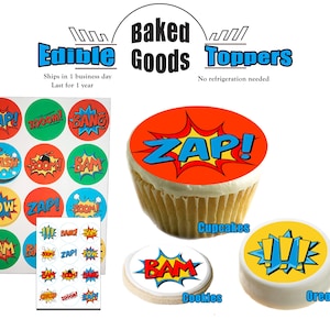 May include: A sheet of edible cupcake and cookie toppers featuring comic book style words like "Zap!" and "Bam!" in red, blue, yellow, and green. The toppers are shown on cupcakes, cookies, and Oreos.