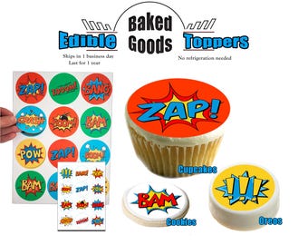 Edible Pop art comic book sayings phrases for cupcakes, cookies and oreos. Bam zap boom crash pow superhero birthday party