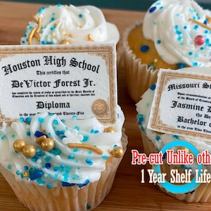 20 Gold edible graduation diplomas Cupcake toppers or rice crispy treats. Frosting sugar paper Class of 2025 miniature College High school