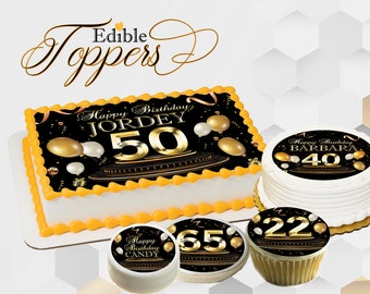 Custom Birthday Black and Gold edible cake topper for cakes, cupcakes, cookies. Images printed on sugar frosting paper, circles or sheets