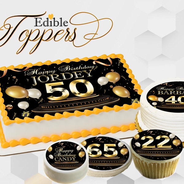 Custom Birthday Black and Gold edible cake topper for cakes, cupcakes, cookies. Images printed on sugar frosting paper, circles or sheets