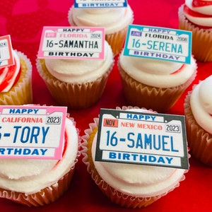 20 Custom License plates edible images. Miniature sweet 16 cupcake toppers or rice crispy treats. Frosting sugar paper. Permit or Drivers