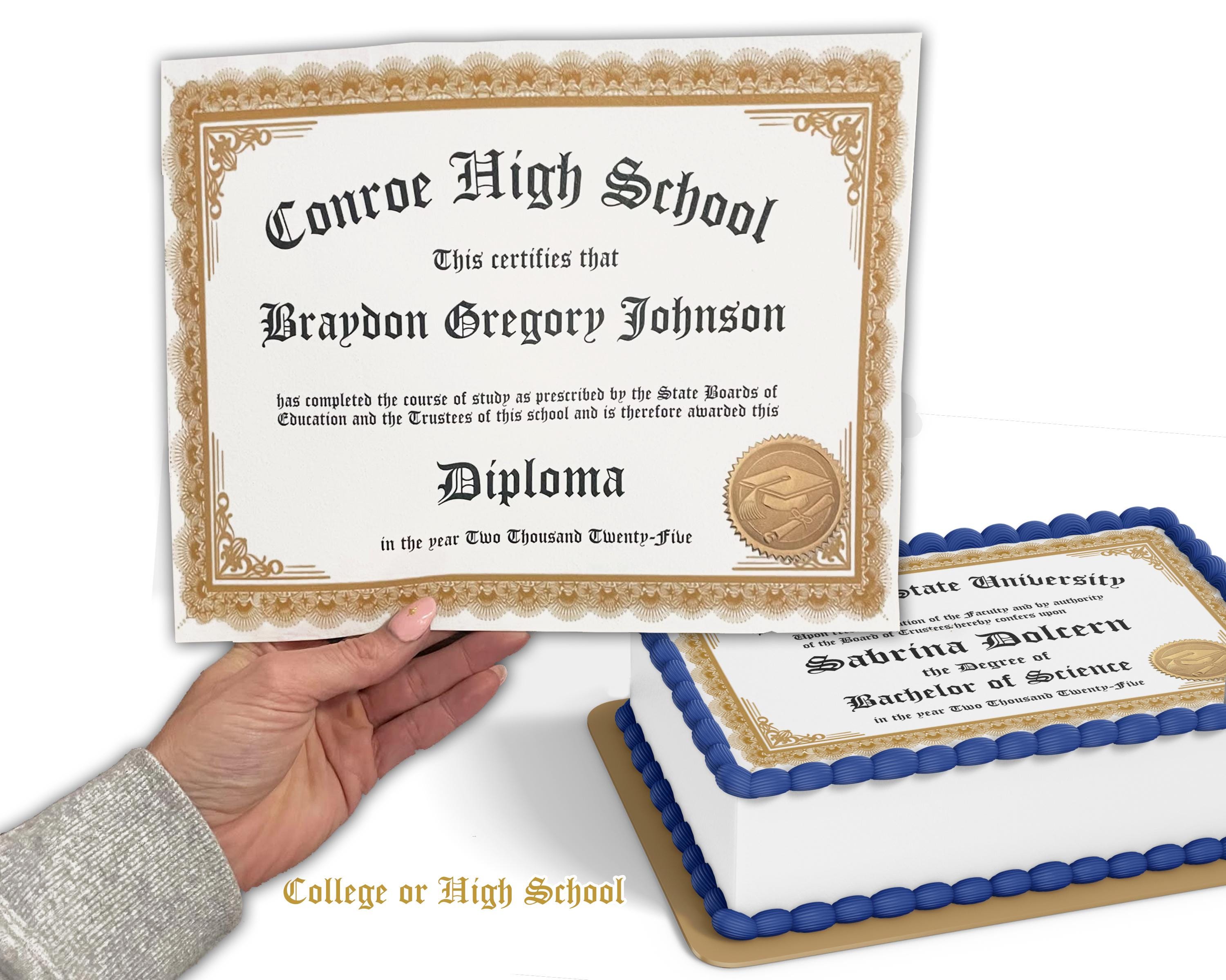 Custom 2026 Diploma Edible Cake Toppers! Frosting Paper, Sugar Paper High  School College, Picture Certificate Gold - Etsy, image size:3000x2400
