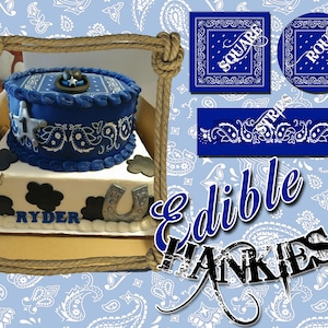 Edible blue bandana pattern and handkerchiefs for cakes. Frosting paper to wrap around or on top of cakes Tops for cupcakes and cookies.