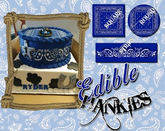 Edible blue bandana pattern and handkerchiefs for cakes. Frosting paper to wrap around or on top of cakes Tops for cupcakes and cookies.