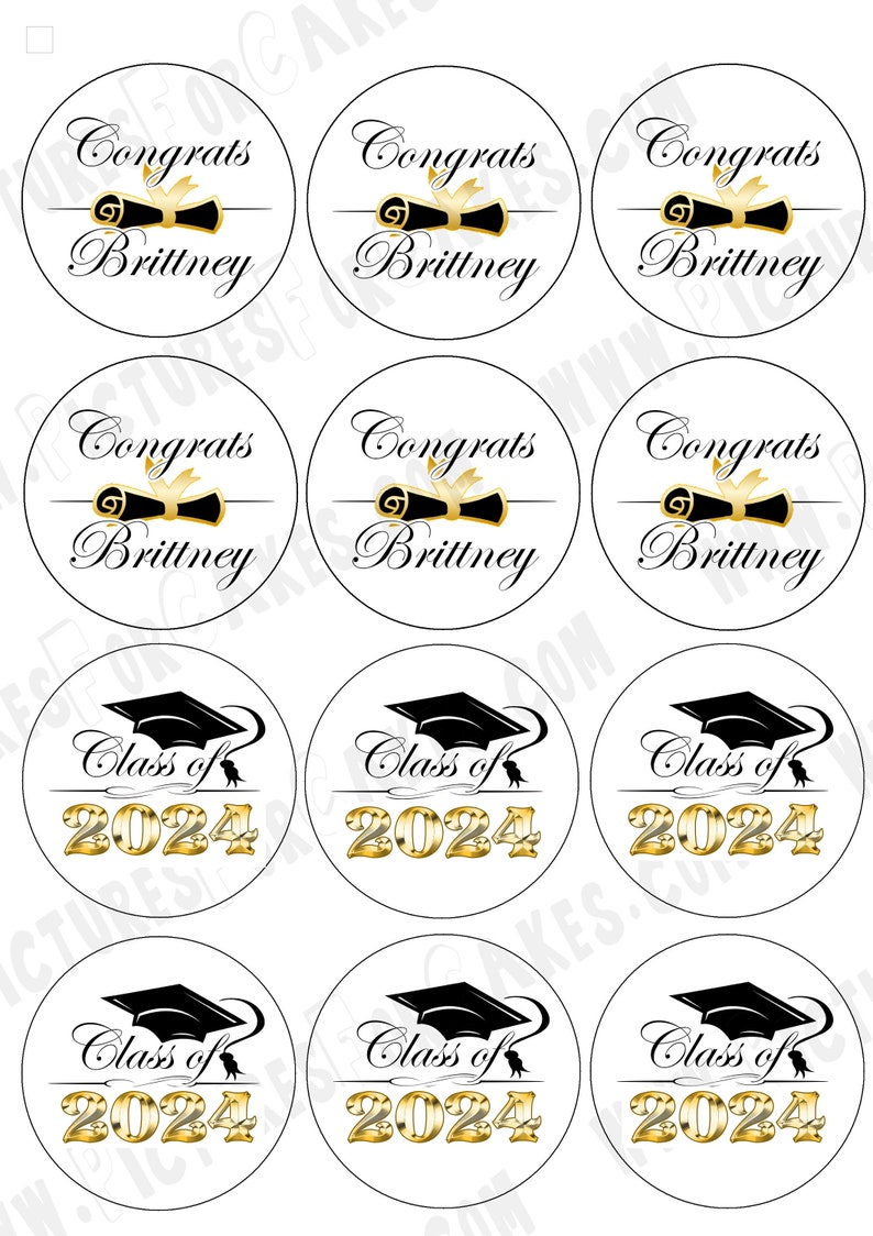 Custom Graduation Class of 2024 edible Cupcake or Oreo Cookie toppers. Frosting sugar paper circles disk Twelve 2.5" Rounds inches