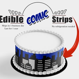 Edible blue,black and white comic book city buildings cake wraps and strips. Cartoon silhouettes wrap around sides of cakes