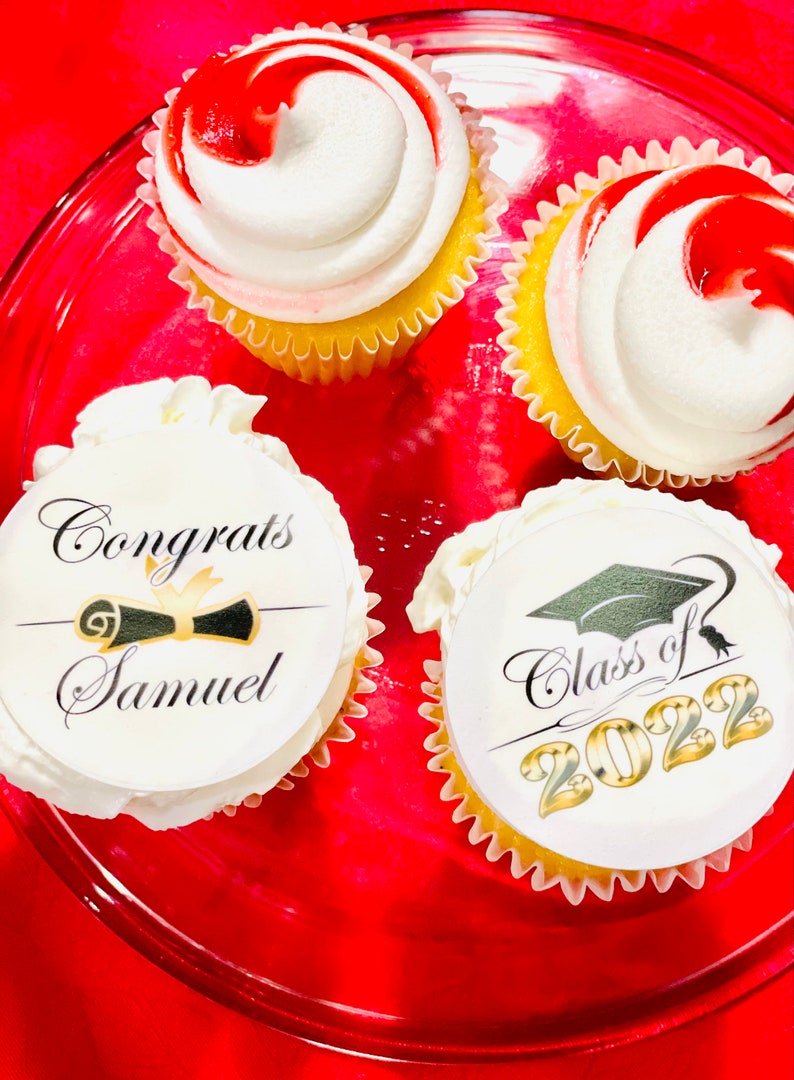 Custom Graduation Class of 2024 edible Cupcake or Oreo Cookie toppers. Frosting sugar paper circles disk image 6