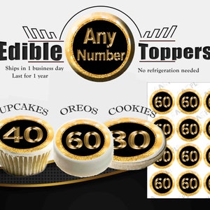 Black and gold Anniversary or birthday edible toppers for cupcakes, cookies and oreos. Images, picture sugar frosting paper, circle toppers.