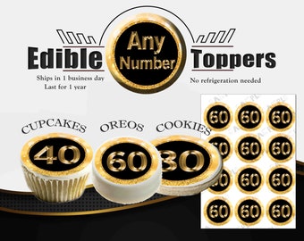 Black and gold Anniversary or birthday edible toppers for cupcakes, cookies and oreos. Images, picture sugar frosting paper, circle toppers.