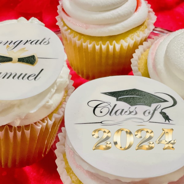 Custom Graduation Class of 2024 edible Cupcake or Oreo Cookie toppers. Frosting sugar paper circles disk