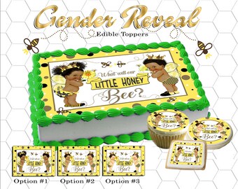 What will our Little Honey Bee gender reveal edible topper for cakes, cupcakes, cookies Picture made with sugar frosting paper baby boy girl