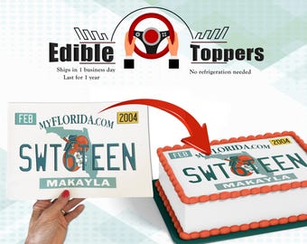 Edible Florida license plate picture for cakes.  Permit, license driver custom photo. Picture is made with sugar frosting paper