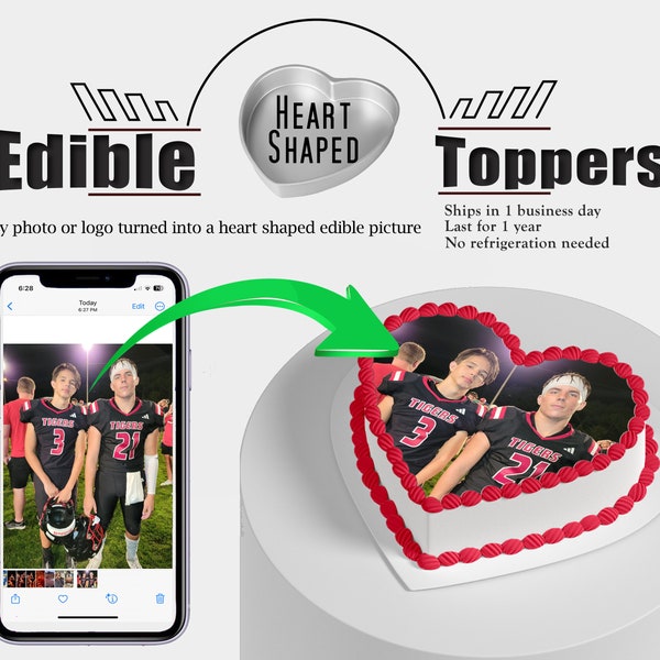 Custom Edible heart shaped photo cake pictures on frosting or burnable wafer paper. Print my graduation, wedding, birthday images sugar