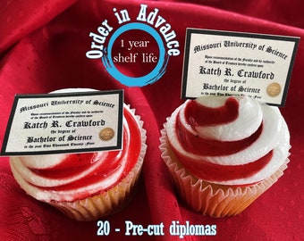 20 Custom Graduation Degree Diplomas edible Cupcake toppers  rice crispy treats. Frosting sugar paper Class of 2024 college university black