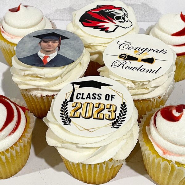 Custom Graduation Class of 2023 edible Cupcake or Oreo Cookie toppers. Photo, mascot, logo Congratulations Frosting sugar paper circles disk