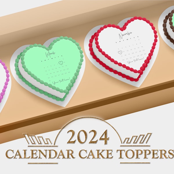 2024 Calendar Edible heart shaped cake topper. For Birthdays, Anniversary, Wedding, valentines day.  sugar frosting or wafer paper burnaway