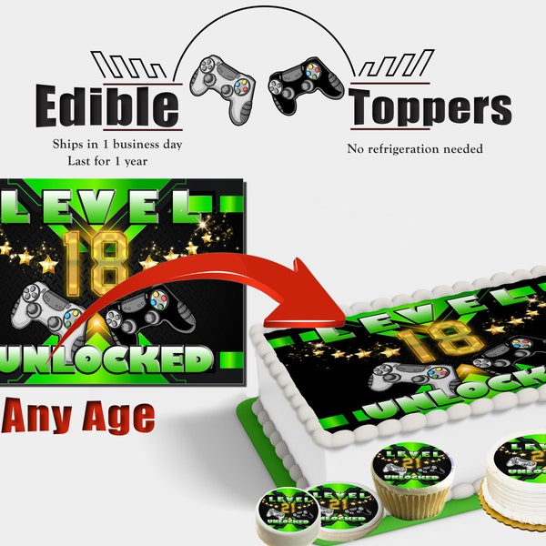 Green Level Unlocked gamer edible picture for cakes, cupcakes, cookies. Images printed on sugar frosting paper, circles or topper sheets.