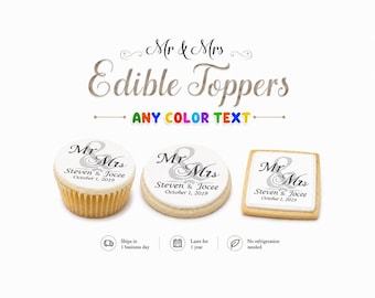 Custom Mr and Mrs wedding edible toppers for cupcakes, cookies and oreos. Personalized images for  anniversaries sugar frosting paper