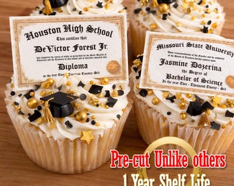 2026 graduation diplomas. 20 Gold Edible Cupcake toppers or rice crispy treats. Frosting sugar paper mini College High school university
