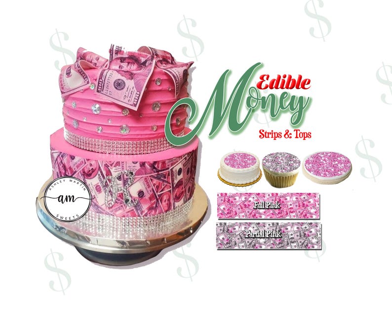 Paper Money Raps Pink Edible Fake Money Cake Strips Printed on Frosting Paper. One ...