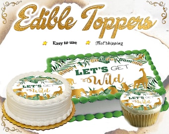 Custom Let's Get Wild Safari themed Birthday edible cake topper for cakes, cupcakes, cookies. Gold zoo animals on tropical background. Round