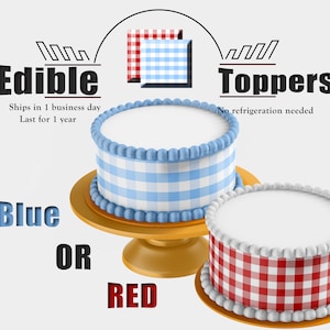 Edible image Red or blue Gingham checkered pattern for cakes. These strips wrap around cakes and are printed on frosting sugar paper