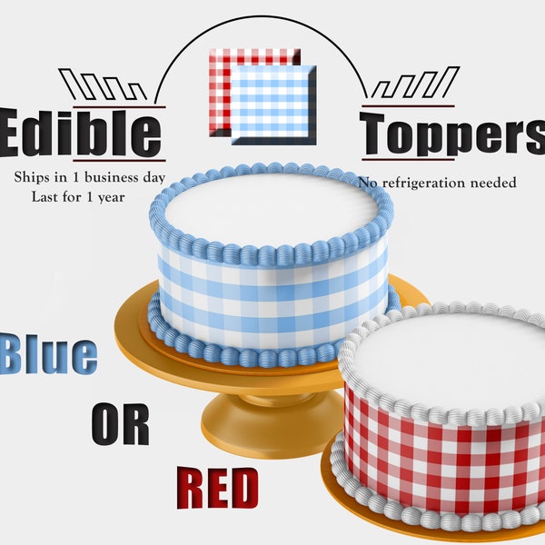 Edible image Red or blue Gingham checkered pattern for cakes. These strips wrap around cakes and are printed on frosting sugar paper