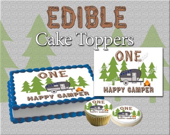 One Happy Camper edible birthday or retirement cake toppers! Custom picture sugar wafer frosting paper image personalized easy