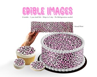 Edible paper pink leopard or cheetah print pattern for round, star, heart cakes, cupcakes and cookies. Sugar wraps strips tops frosting