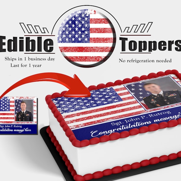 Custom American flag cake topper photo. Military officer promotion, graduation and retirement edible picture. Made with sugar frosting paper