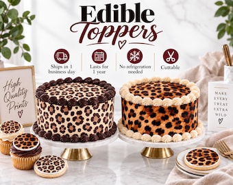 Edible leopard or cheetah print pattern for round, star, heart cakes, cupcakes and cookies. Sugar wraps strips tops made from frosting paper
