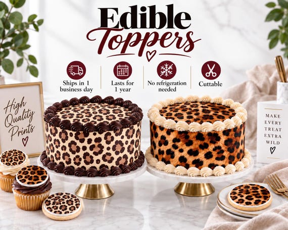 Edible leopard or cheetah print pattern for round, star, heart cakes, cupcakes and cookies. Sugar wraps strips tops made from frosting paper