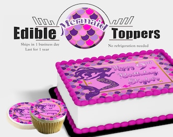 Topper de pastel comestible de cumpleaños con temática de sirena rosa y púrpura personalizado para pasteles, cupcakes y galletas. Cuadro hecho con papel glaseado de azúcar.