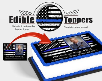 Custom Thin Blue flag cake topper photo. Police officer promotion, graduation and retirement edible picture. Made with sugar frosting paper