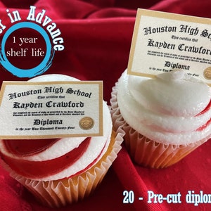 20 Custom Graduation Diplomas edible Cupcake toppers or rice crispy treats. Frosting sugar paper Class of 2024 miniature College High school image 10