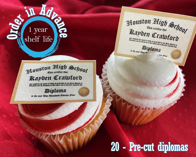 20 Custom Graduation Diplomas edible Cupcake toppers or rice crispy treats. Frosting sugar paper Class of 2024 miniature College High school image 10