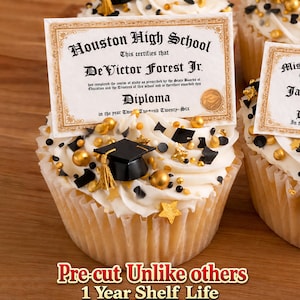 2026 graduation diplomas. 20 Gold Edible Cupcake picks toppers, rice crispy treats. Frosting sugar paper mini College High school university