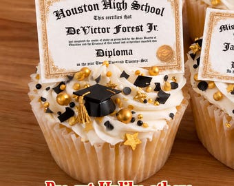 2026 graduation diplomas. 20 Gold Edible Cupcake picks toppers, rice crispy treats. Frosting sugar paper mini College High school university
