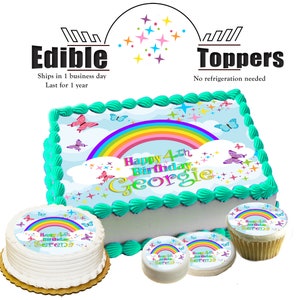 Edible Rainbow and butterflies cute girly birthday cake toppers! Custom picture sugar frosting paper image  oreos cupcakes cookies