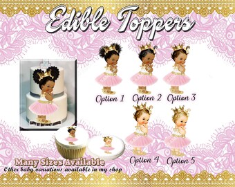 Vintage baby girl Pink Gold Princess dress crown edible birthday cake toppers! Afro Gingham picture sugar frosting paper side of cupcakes